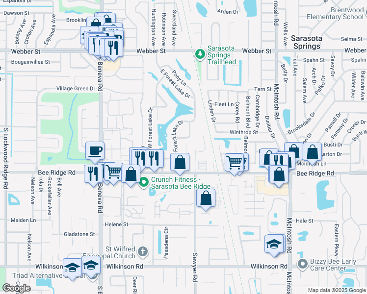 map of restaurants, bars, coffee shops, grocery stores, and more near 3602 Stardust Place in Sarasota