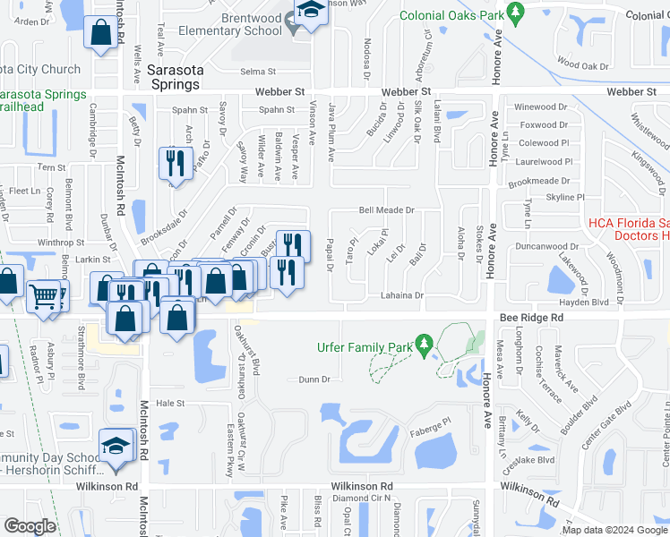 map of restaurants, bars, coffee shops, grocery stores, and more near 3716 Taro Place in Sarasota