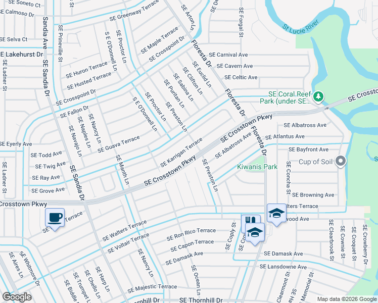map of restaurants, bars, coffee shops, grocery stores, and more near 690 Southeast Karrigan Terrace in Port St. Lucie