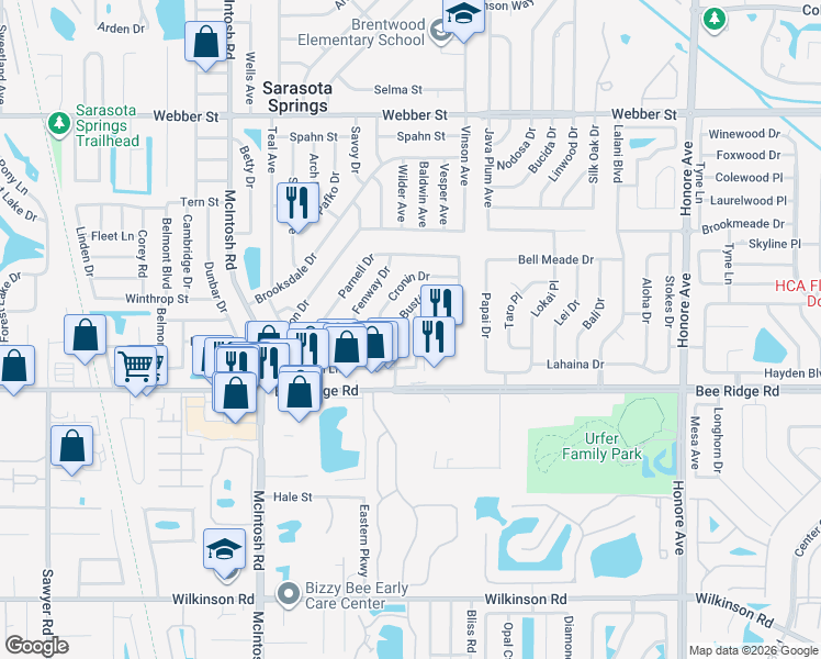 map of restaurants, bars, coffee shops, grocery stores, and more near 4703 Busti Drive in Sarasota