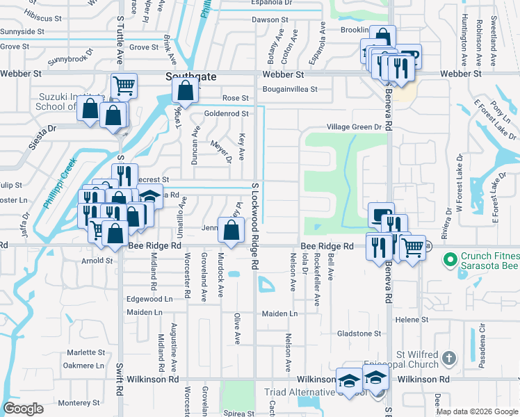 map of restaurants, bars, coffee shops, grocery stores, and more near 3600 South Lockwood Ridge Road in Sarasota