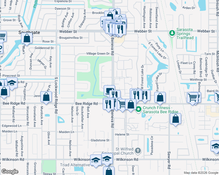 map of restaurants, bars, coffee shops, grocery stores, and more near 3537 Pembrook Drive in Sarasota