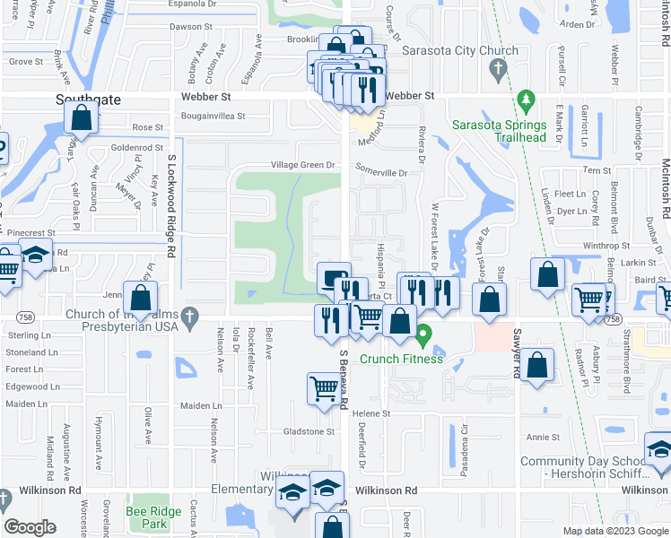 map of restaurants, bars, coffee shops, grocery stores, and more near 3537 Pembrook Drive in Sarasota