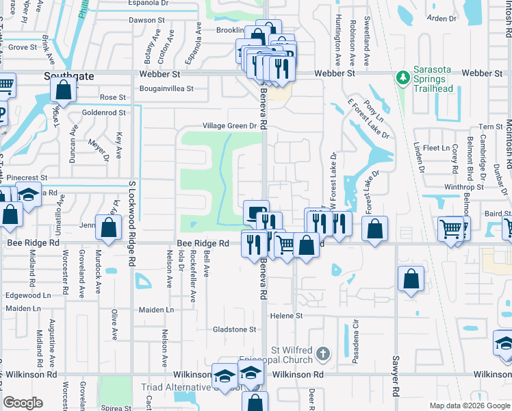 map of restaurants, bars, coffee shops, grocery stores, and more near 3537 Pembrook Drive in Sarasota