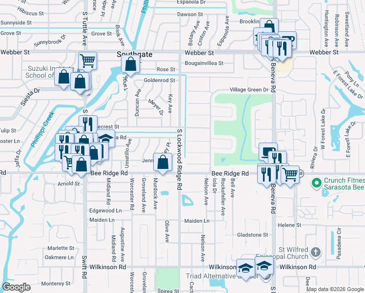 map of restaurants, bars, coffee shops, grocery stores, and more near 3600 South Lockwood Ridge Road in Sarasota
