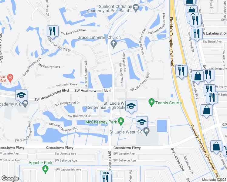 map of restaurants, bars, coffee shops, grocery stores, and more near SW Cashmere Blvd & SW Lake Forest Way in Port St. Lucie
