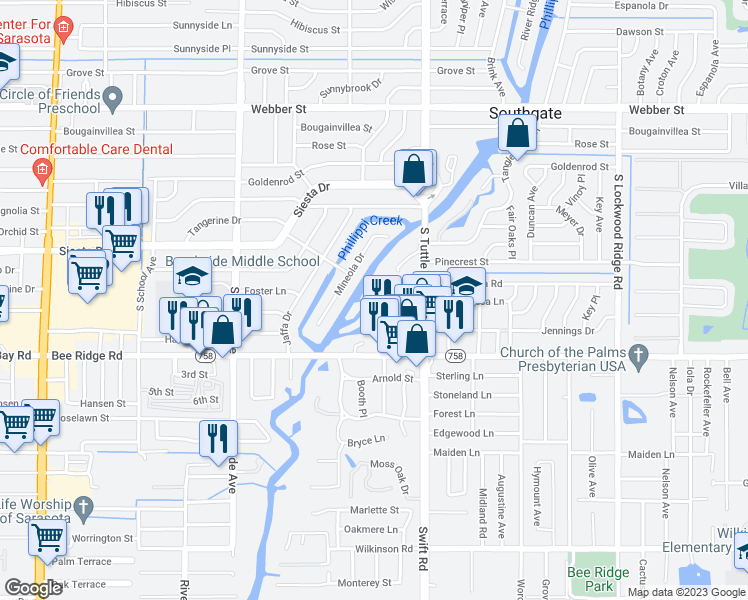 map of restaurants, bars, coffee shops, grocery stores, and more near 2710 Orchid Oaks Drive in Sarasota