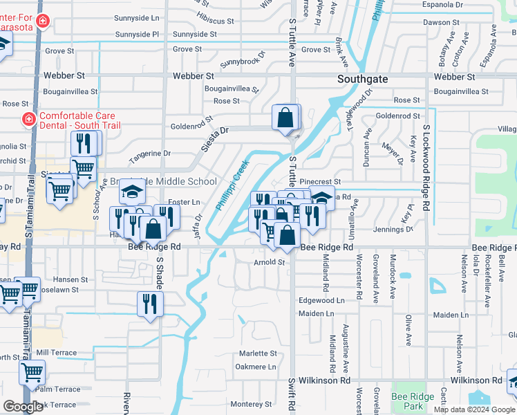 map of restaurants, bars, coffee shops, grocery stores, and more near 2710 Orchid Oaks Drive in Sarasota