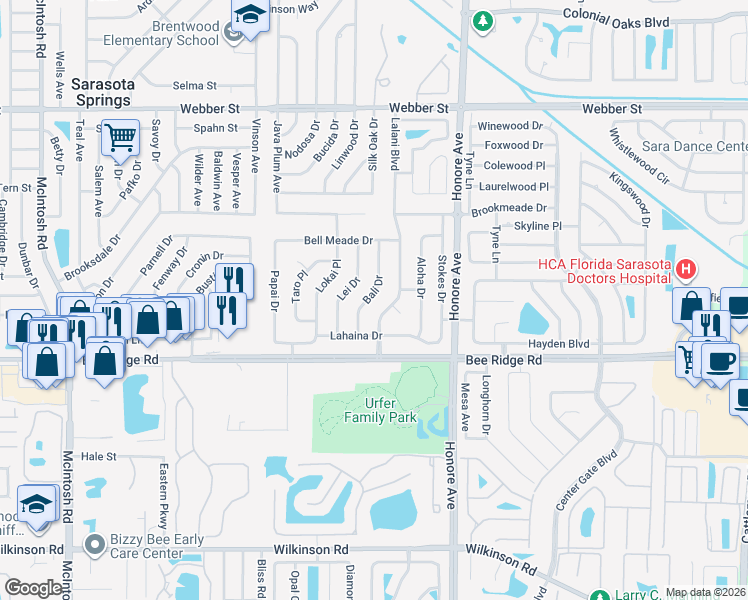 map of restaurants, bars, coffee shops, grocery stores, and more near 3635 Bali Drive in Sarasota