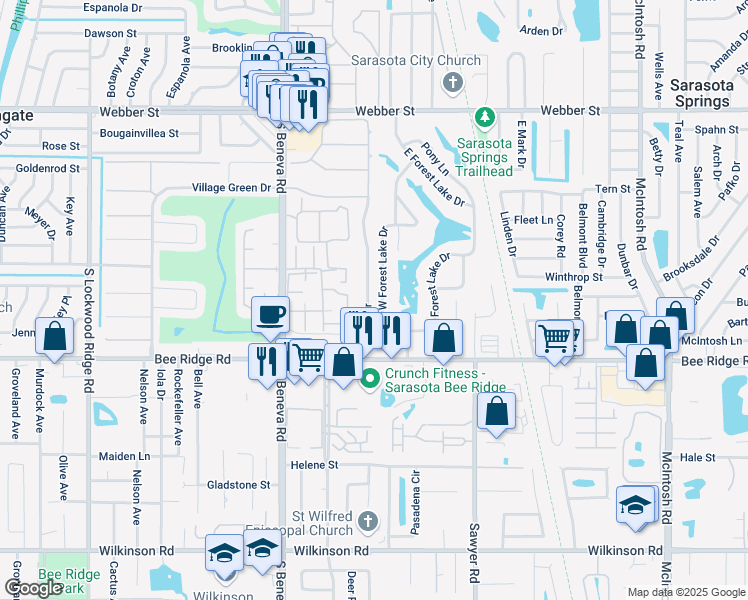 map of restaurants, bars, coffee shops, grocery stores, and more near 3605 Riviera Drive in Sarasota