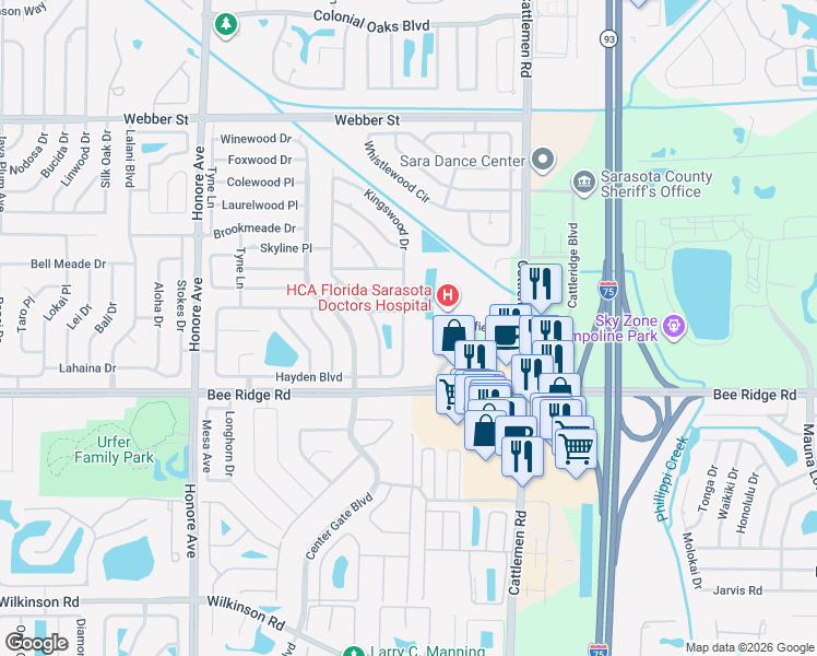 map of restaurants, bars, coffee shops, grocery stores, and more near 3617 Kingswood Drive in Sarasota
