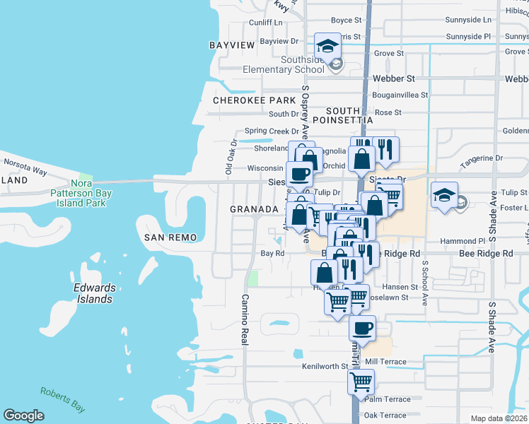 map of restaurants, bars, coffee shops, grocery stores, and more near 3620 Jacinto Court in Sarasota