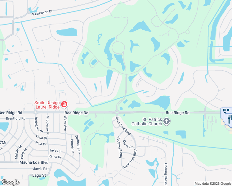 map of restaurants, bars, coffee shops, grocery stores, and more near 7743 Alister Mackenzie Drive in Sarasota