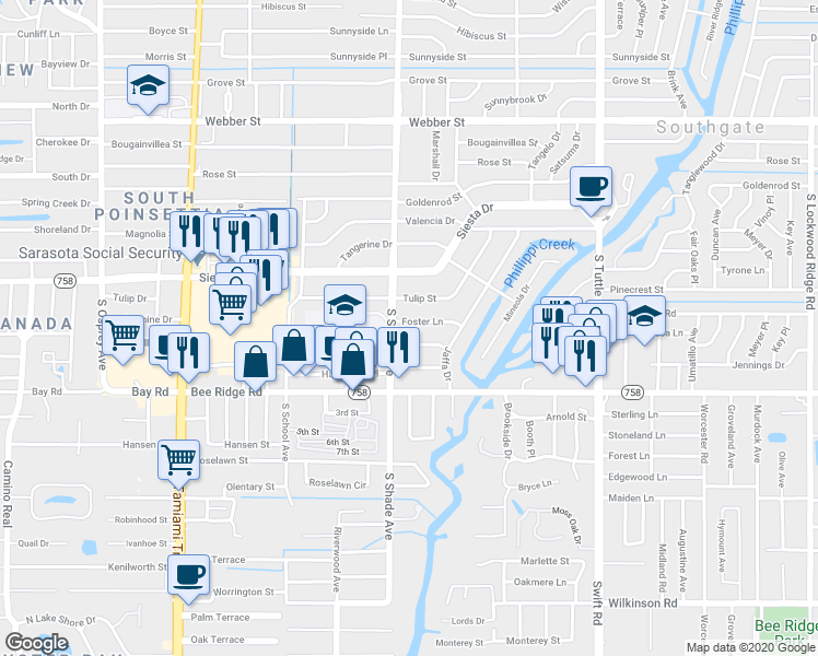 map of restaurants, bars, coffee shops, grocery stores, and more near 2427 Foster Lane in Sarasota