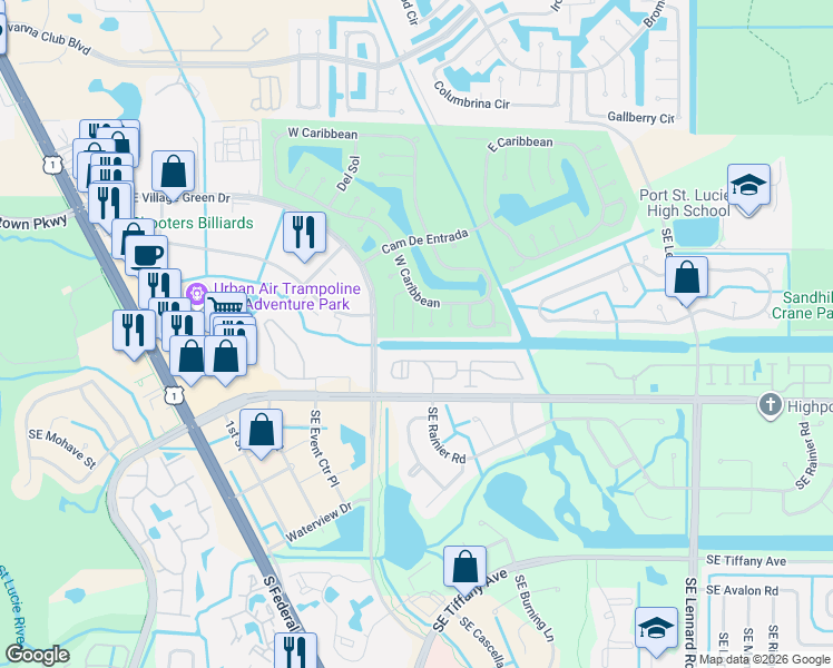 map of restaurants, bars, coffee shops, grocery stores, and more near 15 La Costa Lane in Port St. Lucie