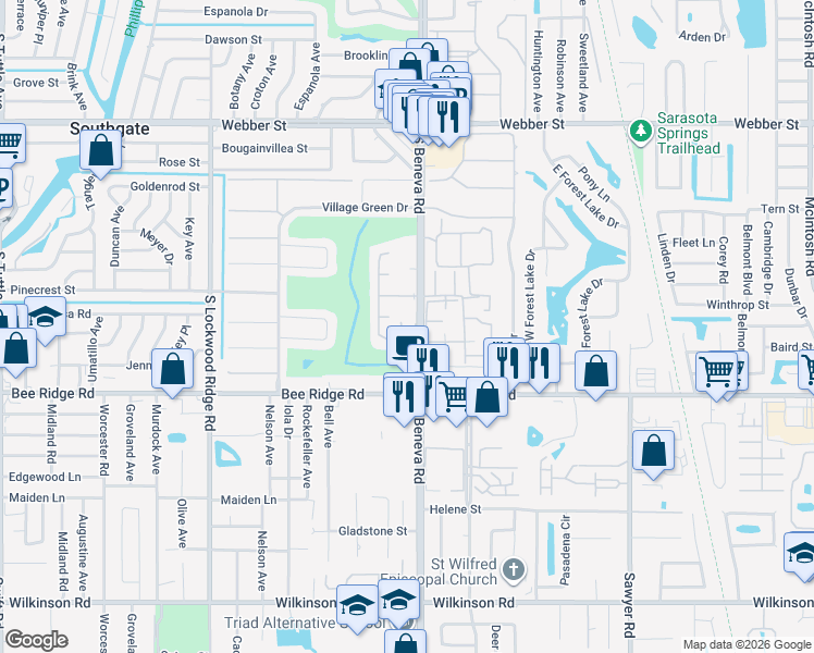 map of restaurants, bars, coffee shops, grocery stores, and more near 3537 Pembrook Drive in Sarasota