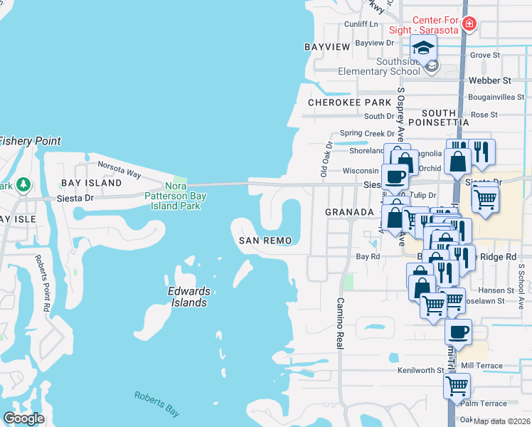 map of restaurants, bars, coffee shops, grocery stores, and more near 3638 San Remo Terrace in Sarasota