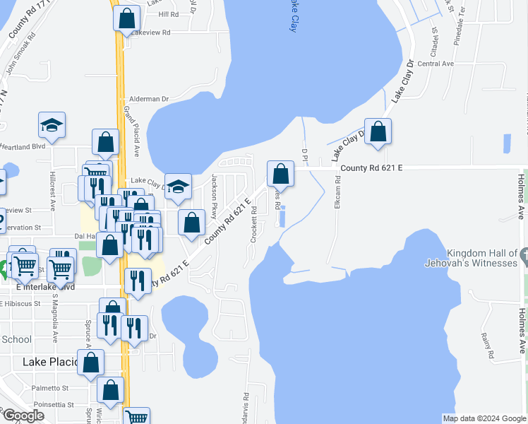 map of restaurants, bars, coffee shops, grocery stores, and more near 93 Balmoral Dr in Lake Placid