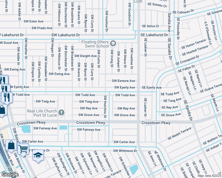 map of restaurants, bars, coffee shops, grocery stores, and more near 226 Southwest Eyerly Avenue in Port St. Lucie