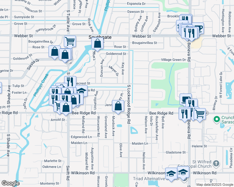 map of restaurants, bars, coffee shops, grocery stores, and more near 3100 Homasassa Road in Sarasota