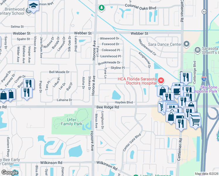 map of restaurants, bars, coffee shops, grocery stores, and more near 5342 Duncanwood Drive in Sarasota