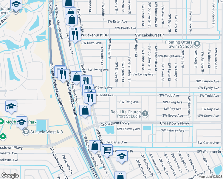 map of restaurants, bars, coffee shops, grocery stores, and more near 1299 Southwest Heather Street in Port St. Lucie