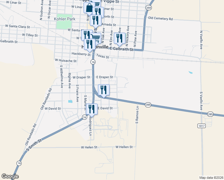 map of restaurants, bars, coffee shops, grocery stores, and more near 601-659 South Elm Avenue in Hebbronville