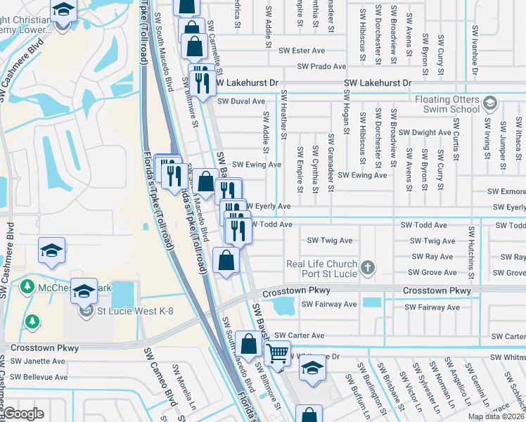 map of restaurants, bars, coffee shops, grocery stores, and more near 628 Southwest Eyerly Avenue in Port St. Lucie