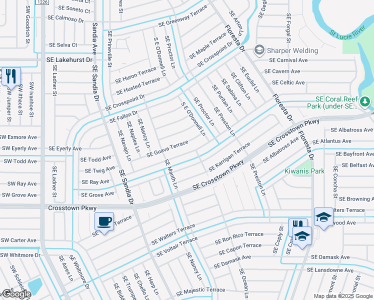 map of restaurants, bars, coffee shops, grocery stores, and more near 497 Southeast Evergreen Terrace in Port St. Lucie