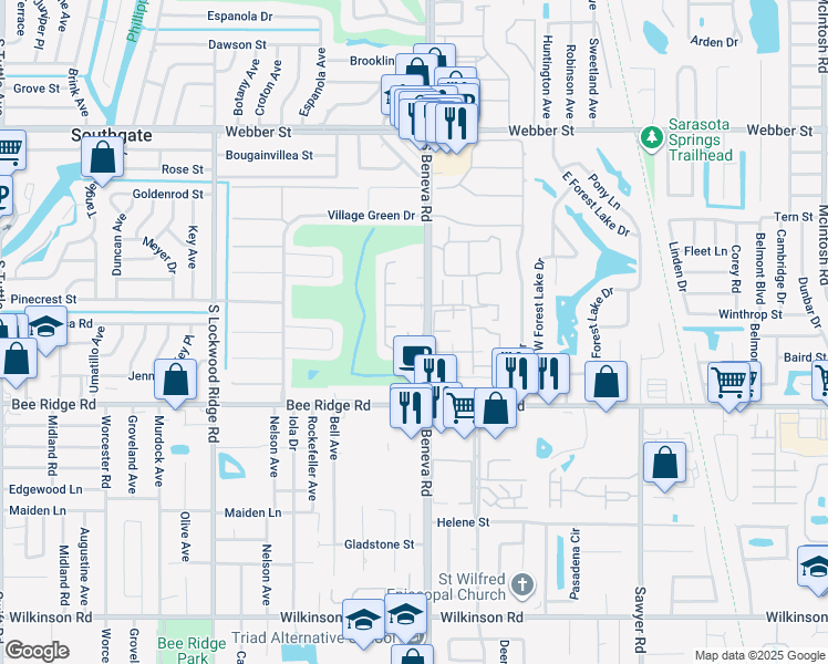 map of restaurants, bars, coffee shops, grocery stores, and more near 3537 Pembrook Drive in Sarasota