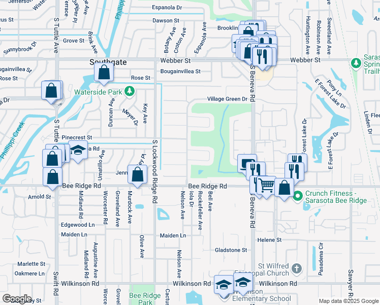map of restaurants, bars, coffee shops, grocery stores, and more near 3535 Village Green Drive in Sarasota