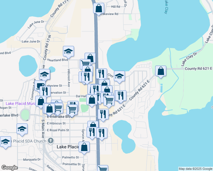 map of restaurants, bars, coffee shops, grocery stores, and more near 471 Plaza Avenue in Lake Placid