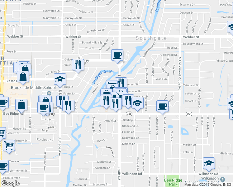 map of restaurants, bars, coffee shops, grocery stores, and more near 3600 South Tuttle Avenue in Sarasota