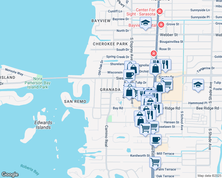 map of restaurants, bars, coffee shops, grocery stores, and more near 3620 Jacinto Court in Sarasota