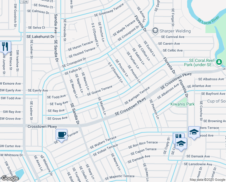 map of restaurants, bars, coffee shops, grocery stores, and more near 497 Southeast Evergreen Terrace in Port St. Lucie