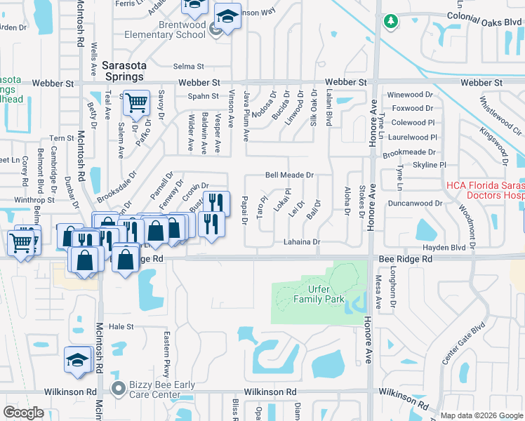 map of restaurants, bars, coffee shops, grocery stores, and more near 3725 Taro Place in Sarasota