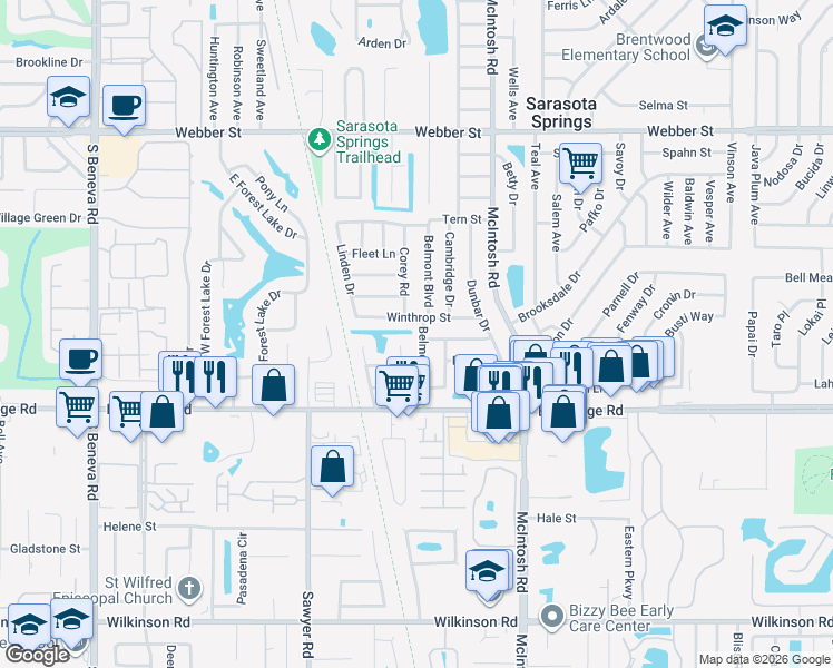 map of restaurants, bars, coffee shops, grocery stores, and more near 3520 Belmont Boulevard in Sarasota