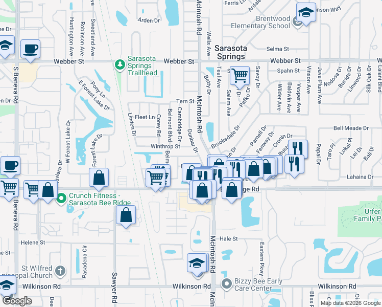 map of restaurants, bars, coffee shops, grocery stores, and more near 4209 Larkin Street in Sarasota