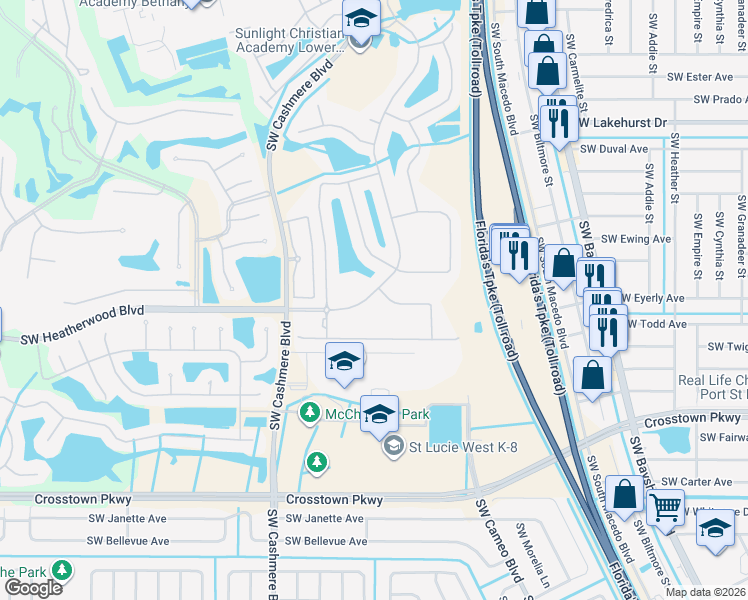 map of restaurants, bars, coffee shops, grocery stores, and more near 379 Southwest Lake Forest Way in Port St. Lucie