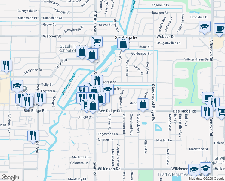 map of restaurants, bars, coffee shops, grocery stores, and more near 2876 Homasassa Road in Sarasota