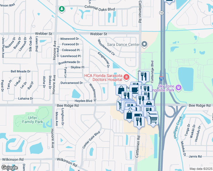 map of restaurants, bars, coffee shops, grocery stores, and more near 5536 Duncanwood Place in Sarasota