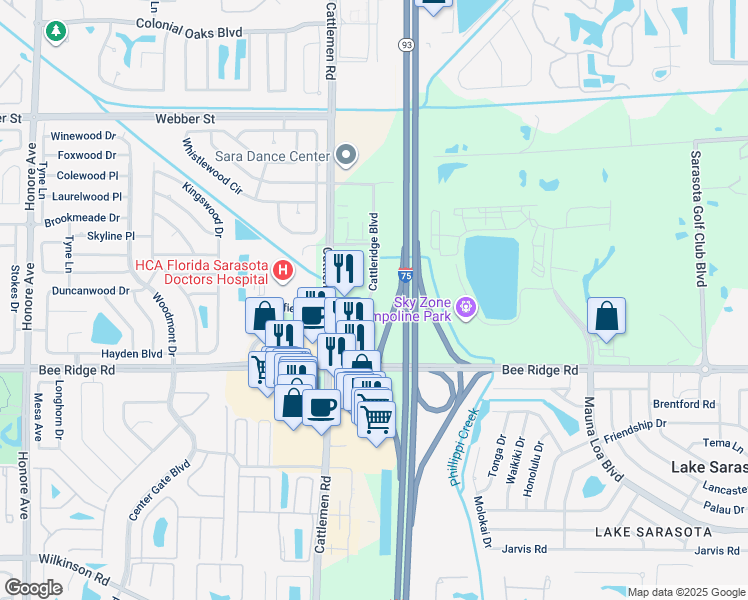 map of restaurants, bars, coffee shops, grocery stores, and more near Interstate 75 in Sarasota