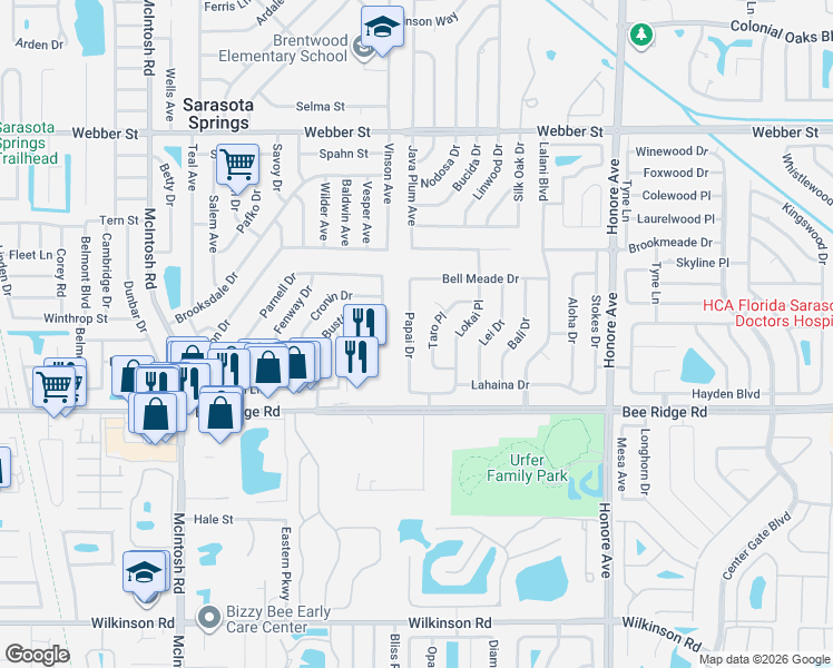 map of restaurants, bars, coffee shops, grocery stores, and more near 3716 Taro Place in Sarasota