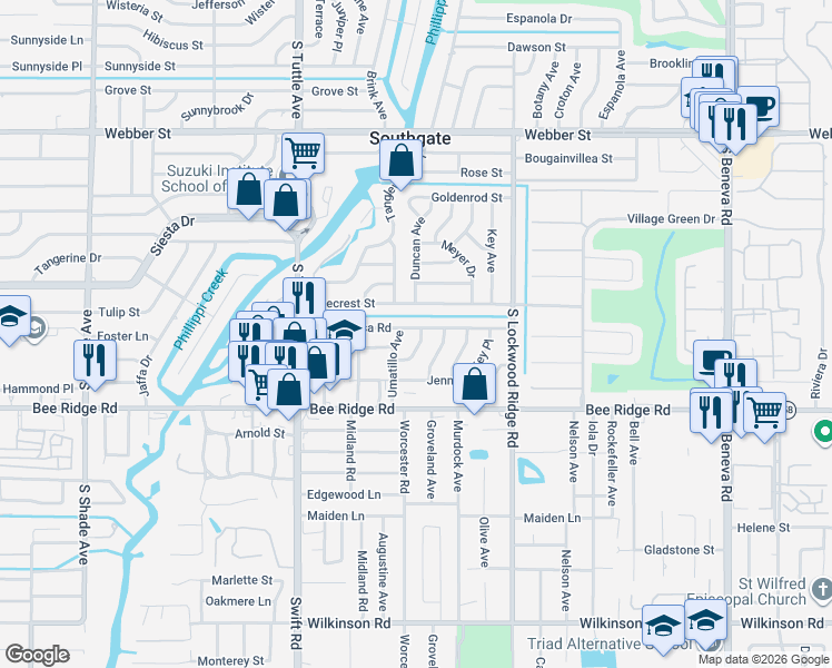 map of restaurants, bars, coffee shops, grocery stores, and more near 3601 Duncan Place in Sarasota