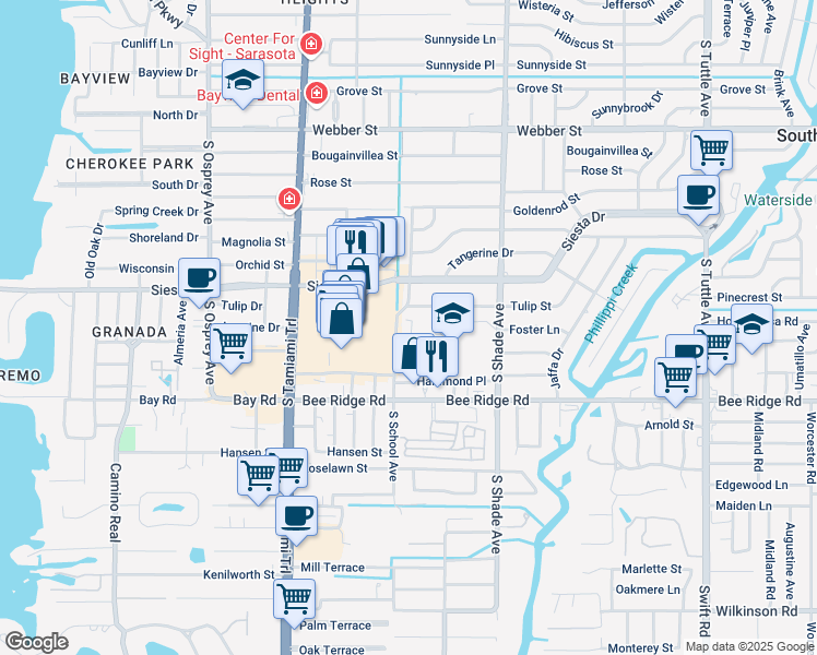 map of restaurants, bars, coffee shops, grocery stores, and more near 3605 South School Avenue in Sarasota