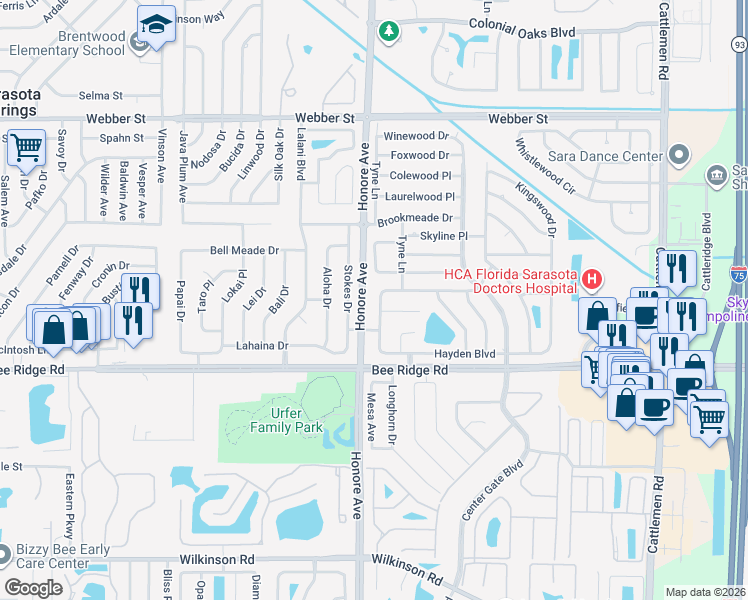 map of restaurants, bars, coffee shops, grocery stores, and more near 3638 Sharondale Drive in Sarasota