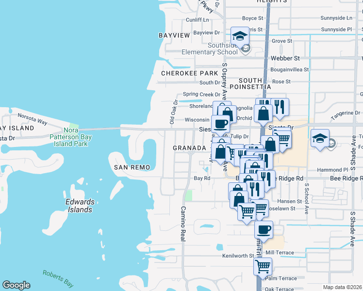 map of restaurants, bars, coffee shops, grocery stores, and more near 3618 Palonia Court in Sarasota
