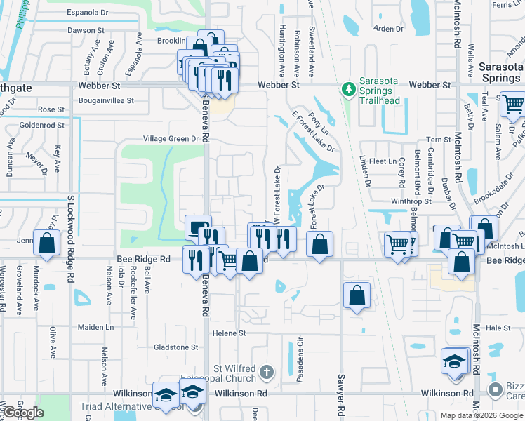 map of restaurants, bars, coffee shops, grocery stores, and more near 3516 Riviera Dr in Sarasota
