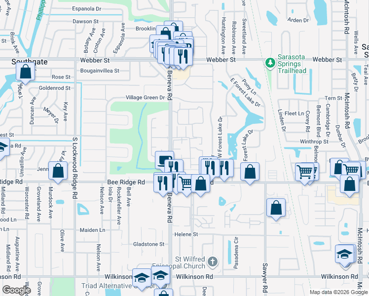 map of restaurants, bars, coffee shops, grocery stores, and more near 3540 Hispania Place in Sarasota