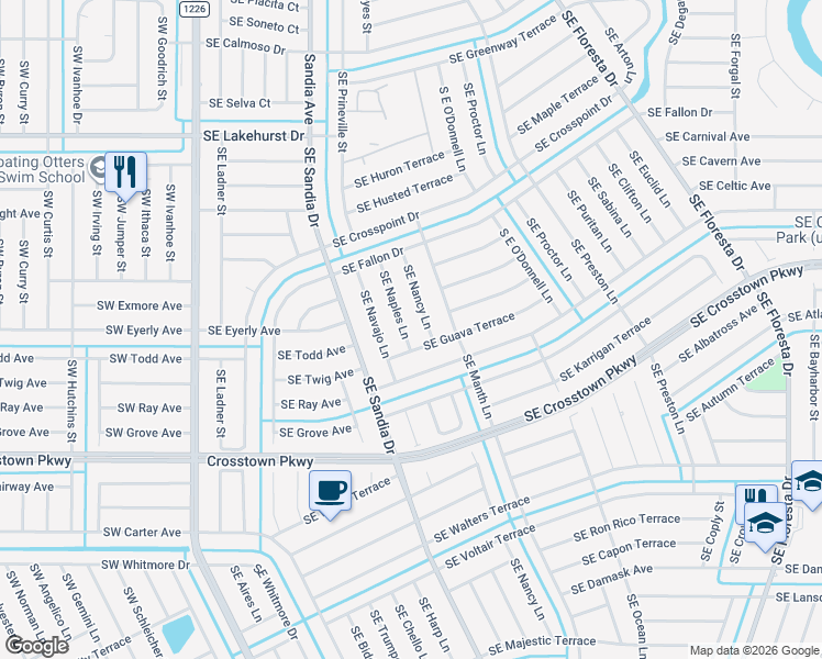 map of restaurants, bars, coffee shops, grocery stores, and more near 1267 Southeast Naples Lane in Port St. Lucie